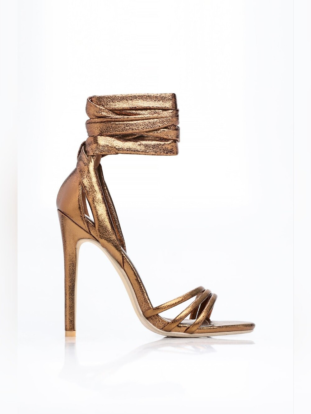 Metallic Bronze Ankle-Tie Stiletto Sandals - Women Size 7